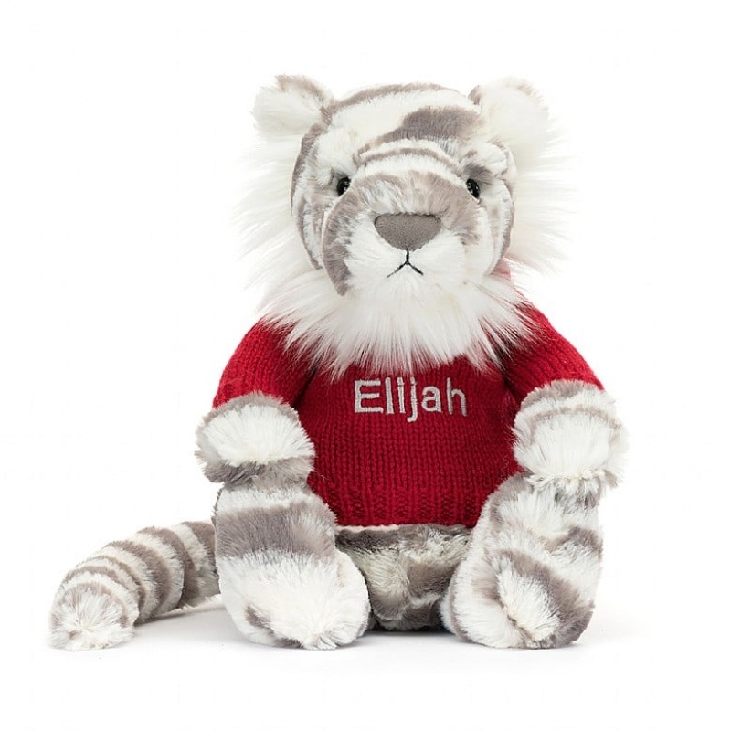 Medium Jellycat Bashful Snow Tiger with Personalised Red Jumper | 30JHFEIAL