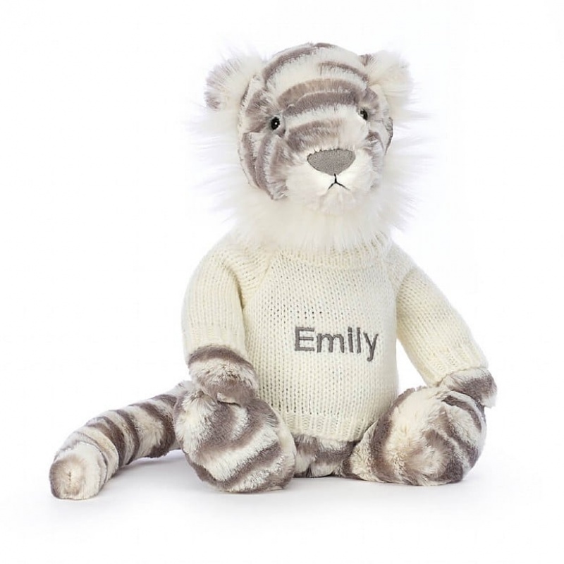 Medium Jellycat Bashful Snow Tiger with Personalised Cream Jumper Sale | 46LWEMTYK