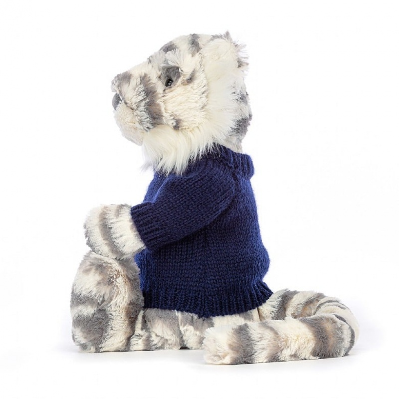 Medium Jellycat Bashful Snow Tiger with Personalised Navy Jumper Clearance Sale | 72SCWBVOX