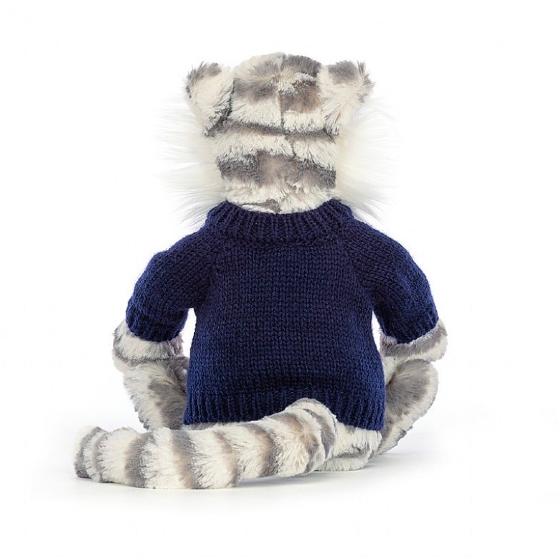 Medium Jellycat Bashful Snow Tiger with Personalised Navy Jumper Clearance Sale | 72SCWBVOX