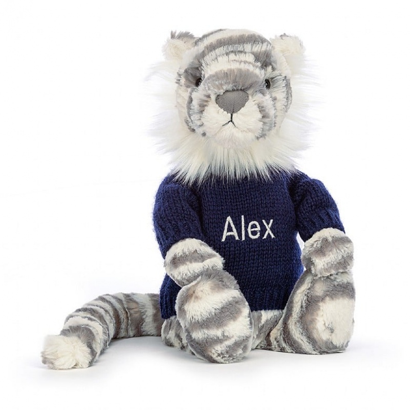 Medium Jellycat Bashful Snow Tiger with Personalised Navy Jumper Clearance Sale | 72SCWBVOX