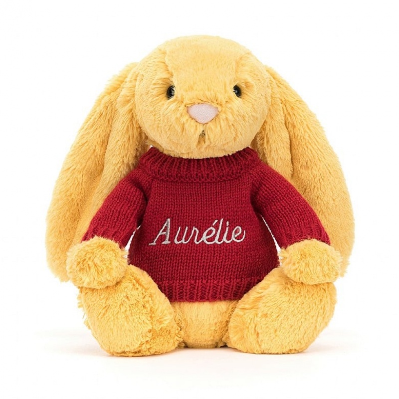 Medium Jellycat Bashful Sunshine Bunny with Personalised Red Jumper Clearance Sale | 74LHJZERO