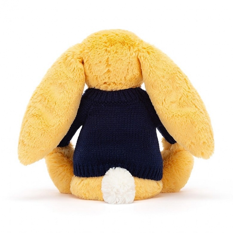 Medium Jellycat Bashful Sunshine Bunny with Personalised Navy Jumper | 14JYTXCGH