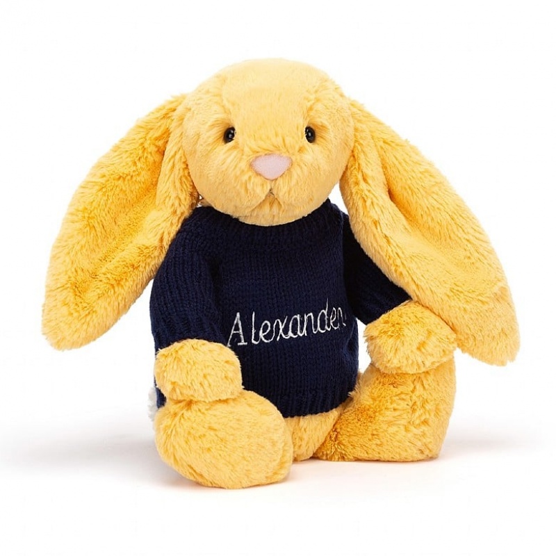 Medium Jellycat Bashful Sunshine Bunny with Personalised Navy Jumper | 14JYTXCGH