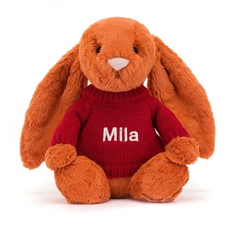 Medium Jellycat Bashful Tangerine Bunny with Personalised Red Jumper | 85SFPODTK