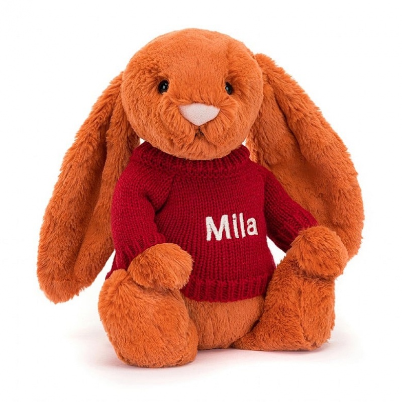 Medium Jellycat Bashful Tangerine Bunny with Personalised Red Jumper | 85SFPODTK