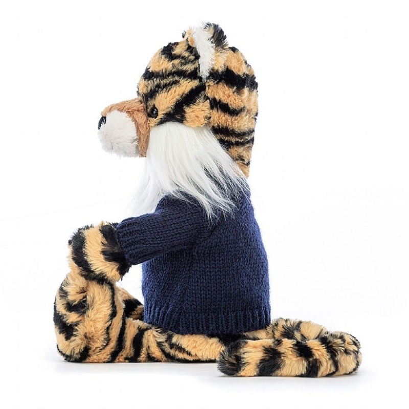 Medium Jellycat Bashful Tiger with Personalised Navy Jumper | 32NJOBLVF