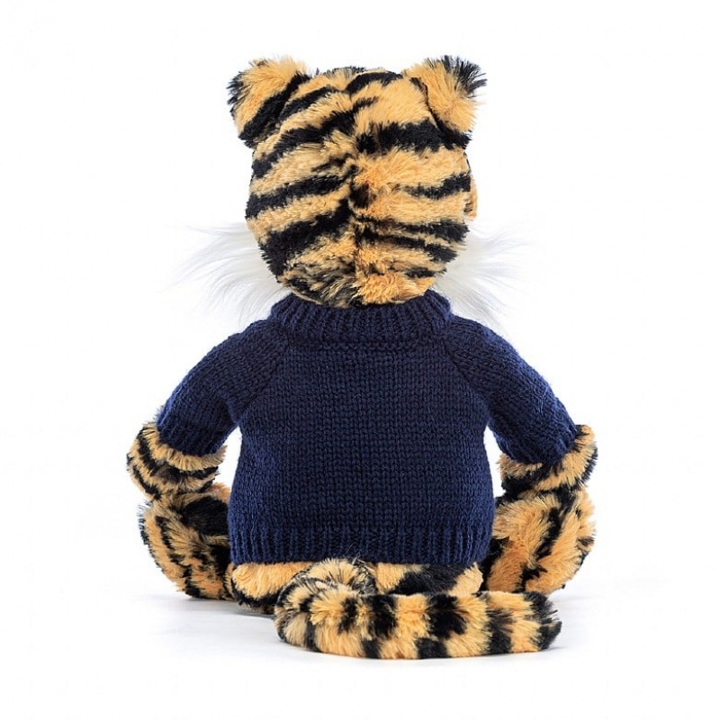 Medium Jellycat Bashful Tiger with Personalised Navy Jumper | 32NJOBLVF