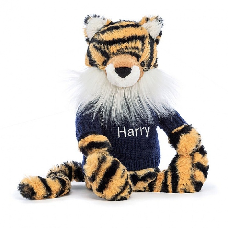 Medium Jellycat Bashful Tiger with Personalised Navy Jumper | 32NJOBLVF