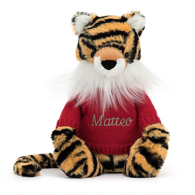 Medium Jellycat Bashful Tiger with Personalised Red Jumper Sale | 48FBRCYUN