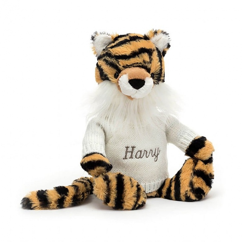 Medium Jellycat Bashful Tiger with Personalised Cream Jumper Outlet | 24GJDWEXZ