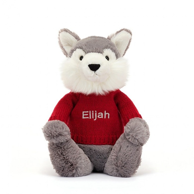 Medium Jellycat Bashful Wolf with Personalised Red Jumper Black Friday | 03YKRCAGO