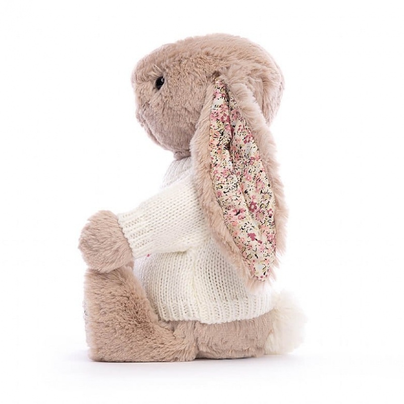 Medium Jellycat Blossom Bea Beige Bunny with Personalised Cream Jumper Clearance Sale | 70OSUKDCW