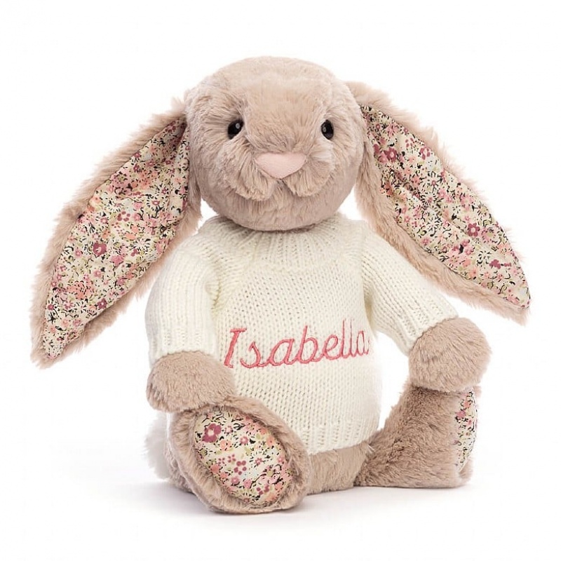 Medium Jellycat Blossom Bea Beige Bunny with Personalised Cream Jumper Clearance Sale | 70OSUKDCW