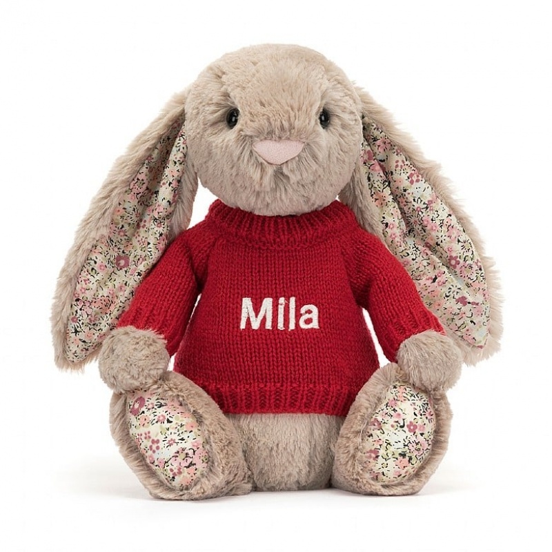 Medium Jellycat Blossom Bea Beige Bunny with Personalised Red Jumper | 13UJSXQYP