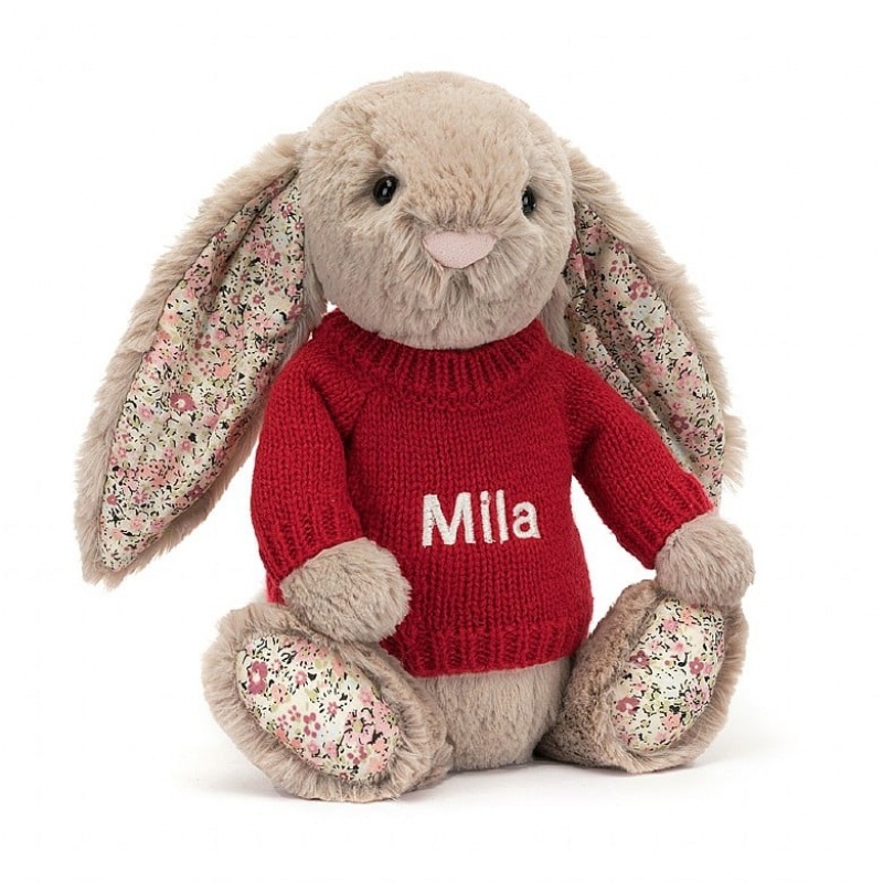 Medium Jellycat Blossom Bea Beige Bunny with Personalised Red Jumper | 13UJSXQYP