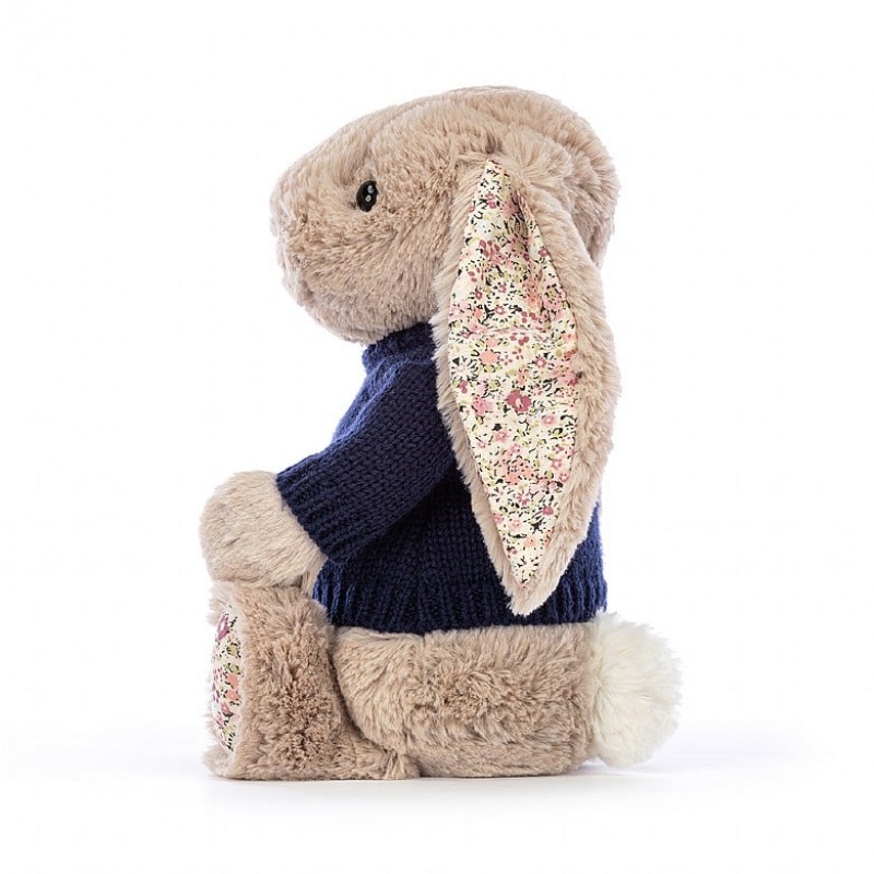 Medium Jellycat Blossom Bea Beige Bunny with Personalised Navy Jumper Clearance | 97OPKDMEG