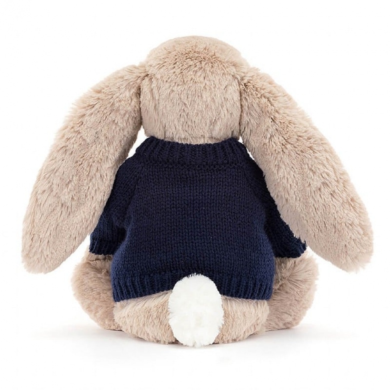 Medium Jellycat Blossom Bea Beige Bunny with Personalised Navy Jumper Clearance | 97OPKDMEG