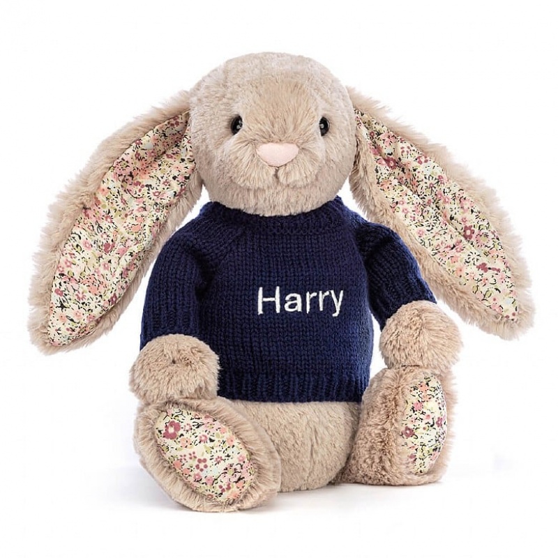 Medium Jellycat Blossom Bea Beige Bunny with Personalised Navy Jumper Clearance | 97OPKDMEG