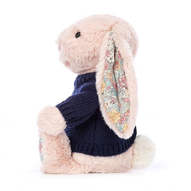 Medium Jellycat Blossom Blush Bunny with Personalised Navy Jumper | 15VANTQJB