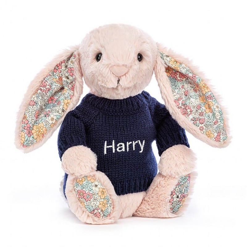 Medium Jellycat Blossom Blush Bunny with Personalised Navy Jumper | 15VANTQJB