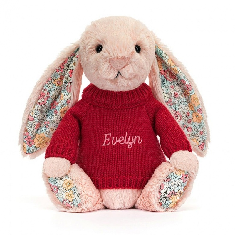 Medium Jellycat Blossom Blush Bunny with Personalised Red Jumper | 10UOSPTNB