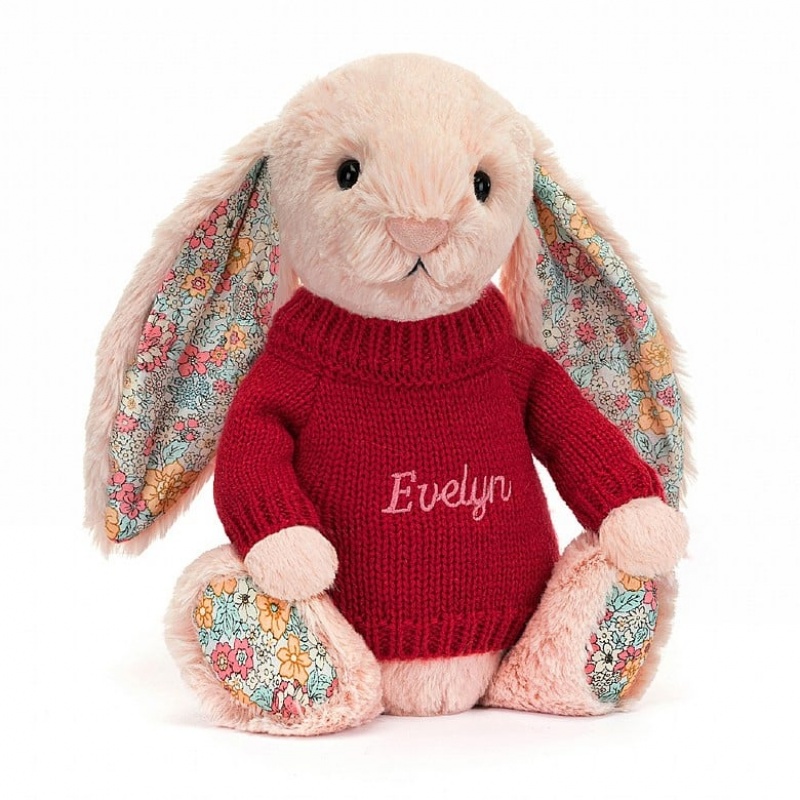 Medium Jellycat Blossom Blush Bunny with Personalised Red Jumper | 10UOSPTNB