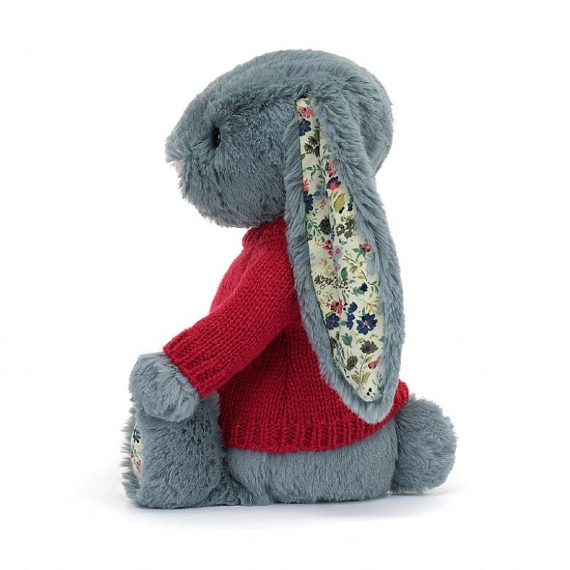 Medium Jellycat Blossom Dusky Blue Bunny with Personalised Red Jumper Clearance | 95CXQWURA