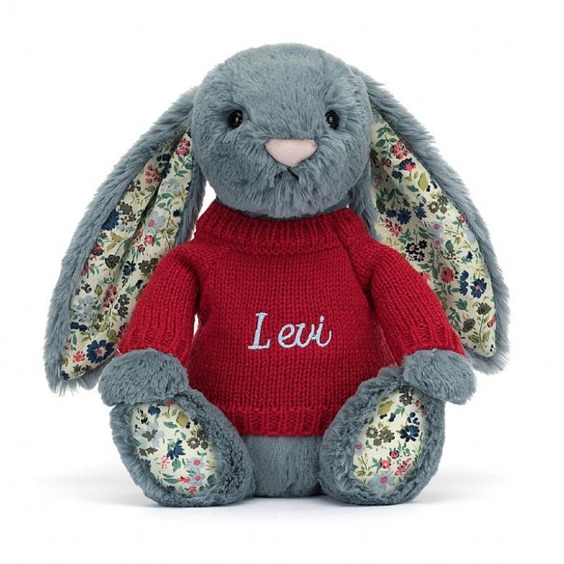 Medium Jellycat Blossom Dusky Blue Bunny with Personalised Red Jumper Clearance | 95CXQWURA