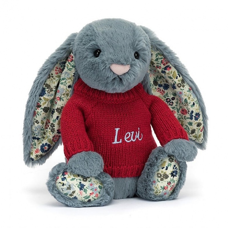 Medium Jellycat Blossom Dusky Blue Bunny with Personalised Red Jumper Clearance | 95CXQWURA