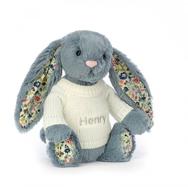 Medium Jellycat Blossom Dusky Blue with Personalised Cream Jumper Black Friday | 07VHCPEZW