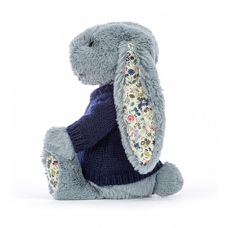 Medium Jellycat Blossom Dusky Blue with Personalised Navy Jumper Clearance Sale | 72KQTBMGC