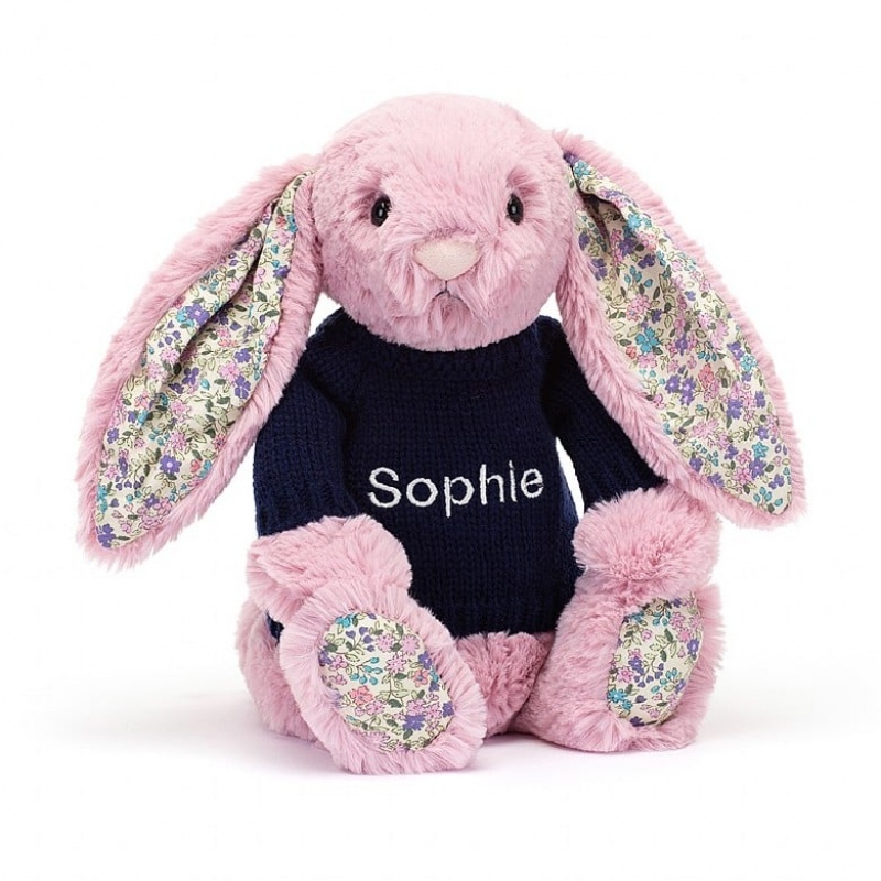 Medium Jellycat Blossom Tulip Bunny with Personalised Navy Jumper | 34IXERNGQ