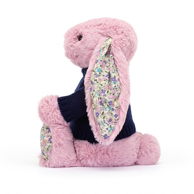 Medium Jellycat Blossom Tulip Bunny with Personalised Navy Jumper | 18UQXFNOG